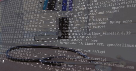 Displaying Nmap port scan overlay on screen at workstation, with laptop keyboard and network cable