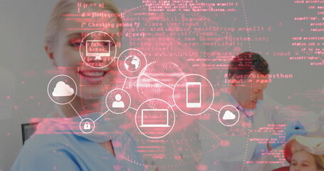 Streaming network overlay over pediatric dental exam in clinic with cloud smartphone laptop icons