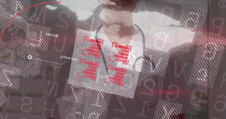 Female doctor wearing scrubs adjusting stethoscope in clinic, with digital map and red bar overlays