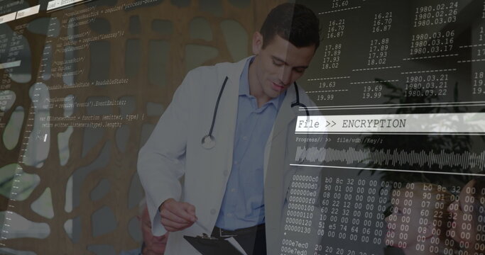 Holding clipboard and pen doctor reviewing encryption code at reception desk, wearing lab coat - Powered by Adobe