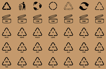 Collection of plastic recycling symbols, material codes, and eco packaging signs on brown background. Perfect for sustainability, waste management. recycle, plastic, icon, vector, code