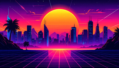 Fototapeta premium Sunset Retro Dream. Palm Neon Cityscape. Cyber Glow Horizon. Vaporwave Retro City. Neon Skyline Sunset. Neon Retro Horizon. Sunset Cyber City. Retro Palm Sunset. Neon Dream Skyline. Futuristic Sunset