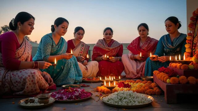 Hartalika Teej Festival Women Performing Puja with Diyas and Flowers at Dusk