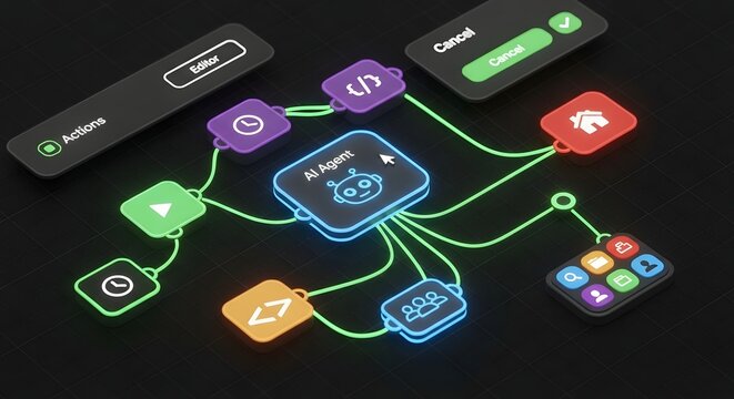 Ai agent workflow automation with interconnected nodes and digital interface, representing artificial intelligence and machine learning processes