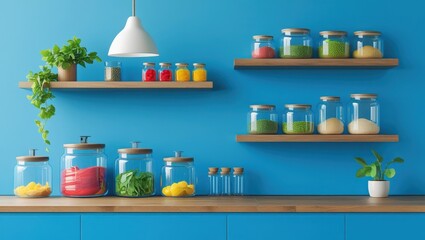 A bright, modern kitchen interior showcases organized glass jars filled with various food items, displayed on wooden shelves against a vibrant blue wall.