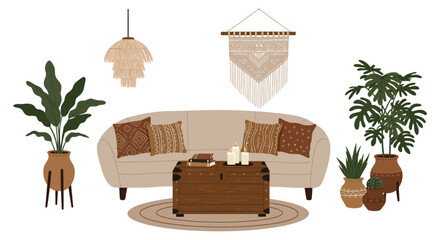 A beige couch with pillows and a coffee table in a bohemian style living room setting silhouette