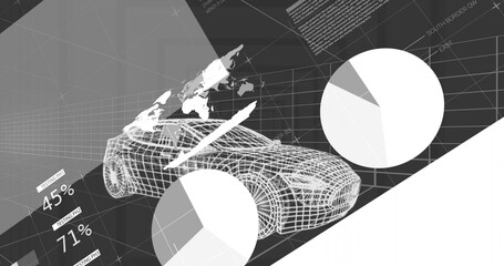 Wireframe car model floating in digital workspace, with pie charts, map fragments and 3D axes