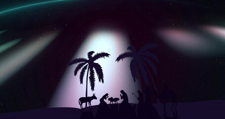 Naklejka premium Forming silhouette Nativity scene at night in desert, with wooden manger and palm trees