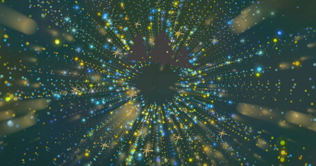 Fototapeta premium Digital artwork showing radial burst of vivid lights pulsing in starfield, with pine silhouettes