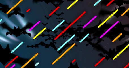 Flying bat silhouettes streaming across graphic night sky motif, with neon-colored diagonal streaks