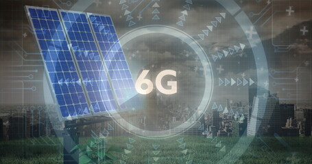 Standing solar panel array rising from grassy field at city edge, with 6G overlay, copy space