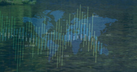 Naklejka premium Displaying blue world map overlaying rippling lake water, with green yellow bars and numeric labels