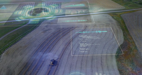 Harvesting combine harvester moving over rural fields with dust plume, AR panels, copy space