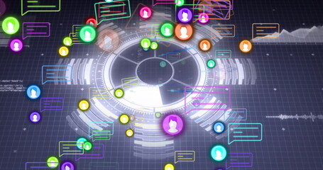 Displaying HUD tracking data in interface with chat-bubbles avatars panels waveforms code on grid