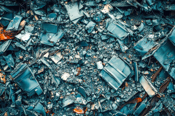 A close-up view of debris from a demolition site shows broken metal sheets and rubble mixed with dust and small rocks in bright daylight