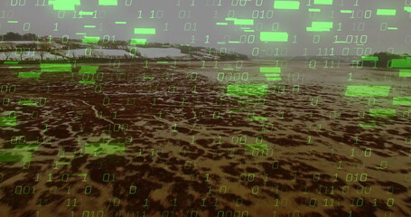 Streaming neon-green binary code overlay flowing across dry mudflat in floodplain, with data blocks