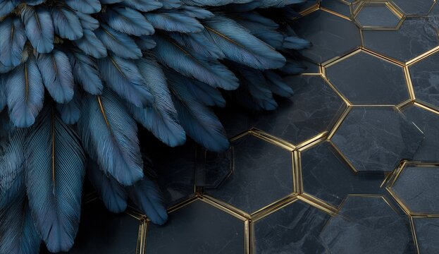 Close-up of dark blue feathers on a hexagonal tile surface - Powered by Adobe