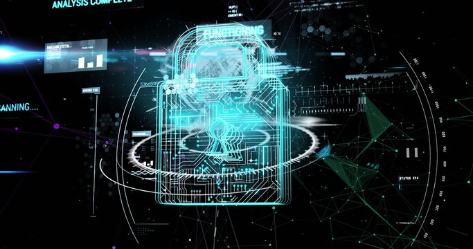 Displaying holographic padlock icon glowing above security interface with rings, nodes, data lines