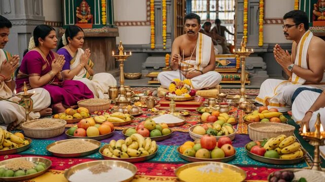 Hindu Family Performing Puja Ceremony Ganesh Chaturthi  Varaha Jayanti  Hartalika Teej  Samvatsari  and Balarama Jayanti Celebrations
