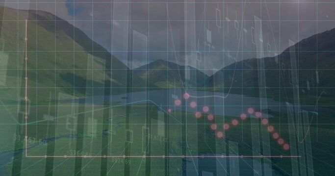 Fototapeta Overlaying mountain lake landscape with transparent financial graphics, gridlines and candlesticks