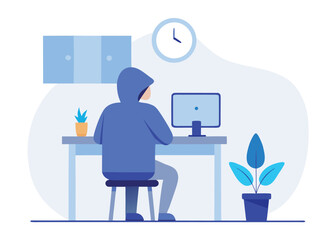 Person Working From Home at Computer with Plants and Clock Illustration
