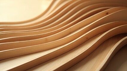 A close-up view of a collection of curved wooden planks arranged in a flowing, wave-like pattern.