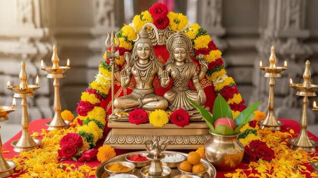 Hindu Gods Shiva and Parvati Puja Setup for Festivals like Varaha Jayanti  Hartalika Teej  Ganesh Chaturthi  Samvatsari  and Balarama Jayanti
