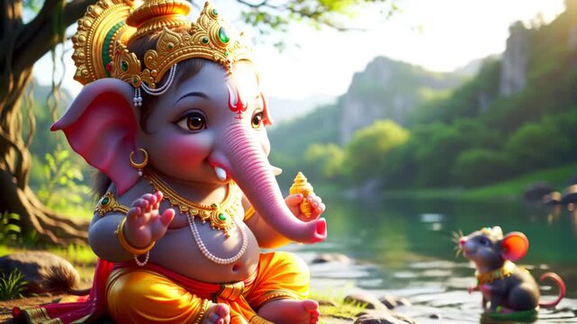 Baby ganesha playing water river hindu god mouse friend nature illustration
By Kamlesh