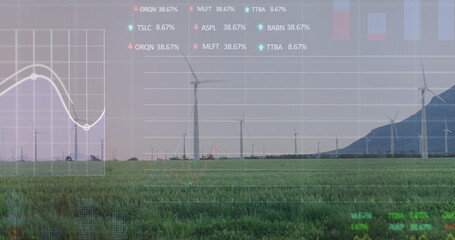 Displaying grassy field stretching to wind turbines at mountain base wind farm, with data charts