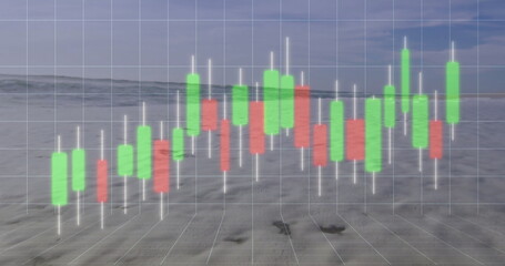 Gliding candlestick chart hovering over sandy shore and sea, with white grid lines, green red bars