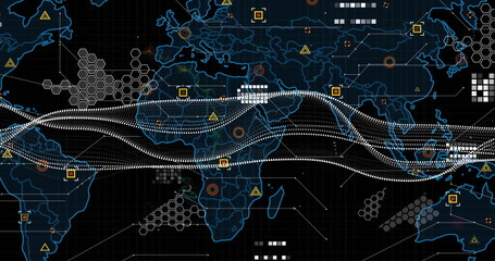 Displaying neon world map pulsing on dark grid background, streaming white waves with data markers