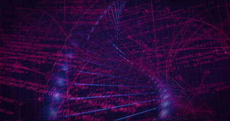 DNA double helix twisting through virtual grid, with glowing data nodes, grid lines, scrolling code
