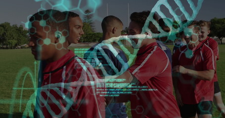 Standing in lines teen adult players wearing red-blue jerseys greeting on grass field, DNA overlay