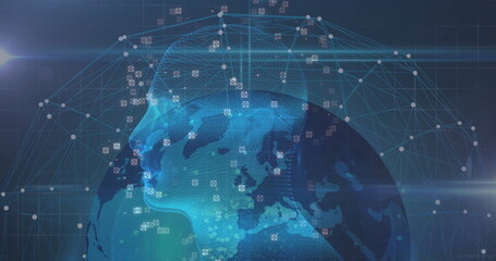 Displaying wireframe head profile and digital globe in virtual network, with lines and data nodes