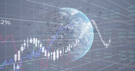 Displaying Earth globe with nodes, percentage labels in finance dashboard with candlesticks