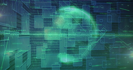 Floating green folder icon in virtual network, with binary streams, panels and numeric arrows
