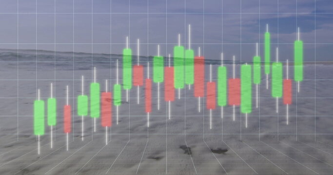 Gliding candlestick chart hovering over sandy shore and sea, with white grid lines, green red bars
