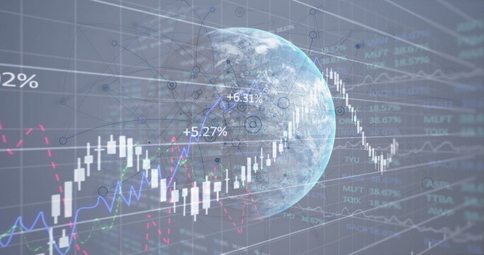 Displaying Earth globe with nodes, percentage labels in finance dashboard with candlesticks