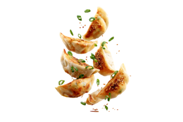 Crispy pan fried dumplings flying isolated on transparent background