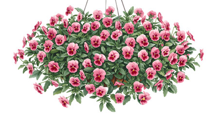 Vibrant pink petunias in hanging basket, decorative floral arrangement for garden design - Isolated White Background