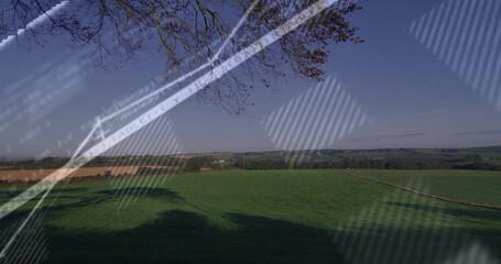 Lush pasture casting tree shadows through glass pane view with plowed fields and code reflections