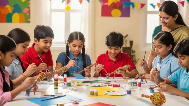 Indian School Children Painting Festive Crafts Celebrating Varaha Jayanti  Hartalika Teej  Ganesh Chaturthi  Samvatsari  and Balarama Jayanti
