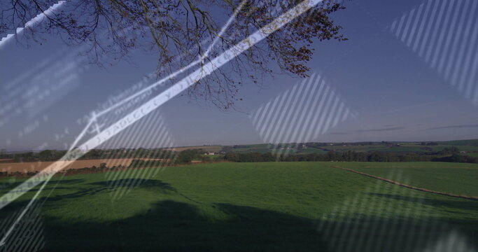 Lush pasture casting tree shadows through glass pane view with plowed fields and code reflections - Powered by Adobe
