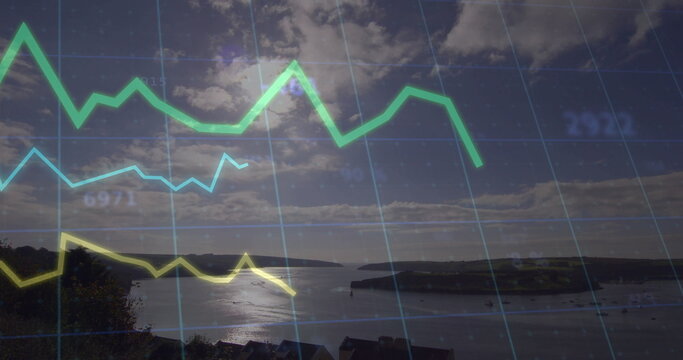 Displaying wide coastal bay vista at seaside overlook, with faint data grid and colored line charts - Powered by Adobe