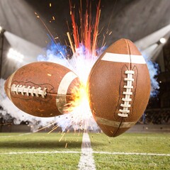 Two American Footballs Clashing with Red and Blue Smoke Sparks