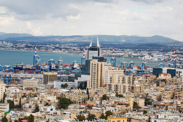 Panorama of Haifa with a view of the sea cargo port. View from above. Israel