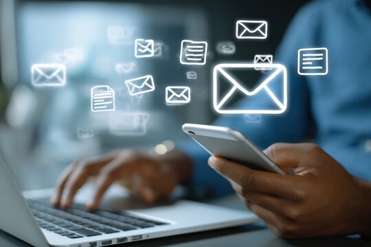 Person using laptop and phone with email icons