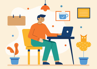 Man working from home on laptop in a cozy and comfortable environment