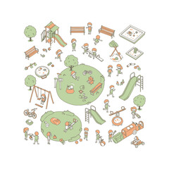 Happy Children Playing in a Colorful Playground with Swings Slides and Play Structures