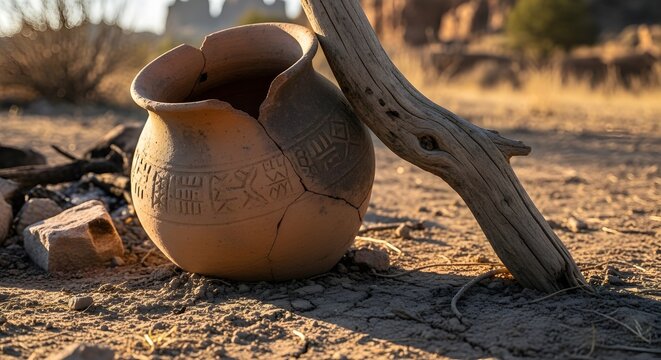 A cracked, ancient clay pot sits on arid ground, leaning against a weathered branch in a desert landscape with distant rock formations.